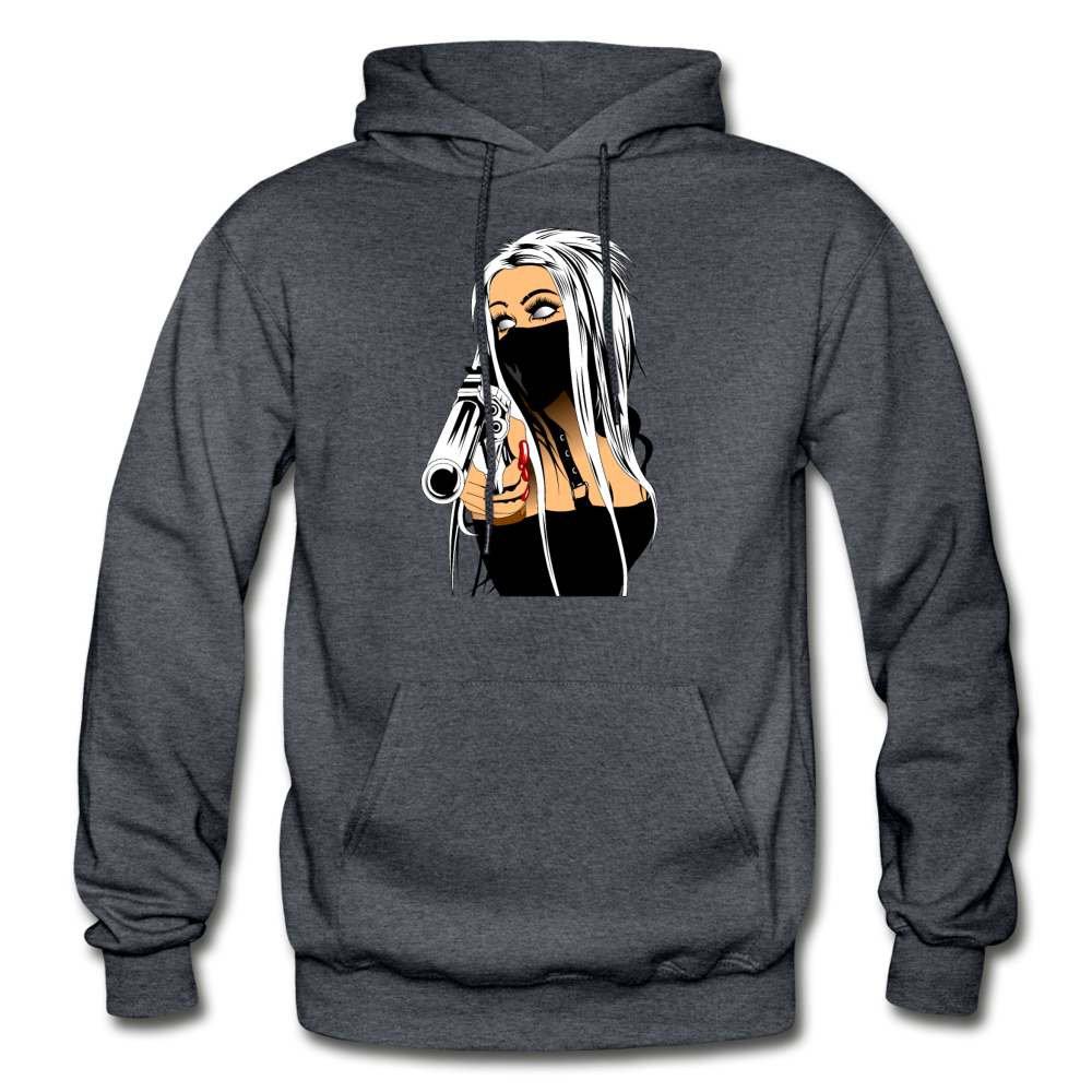 Masked Girl with Gun Hoodie - charcoal gray