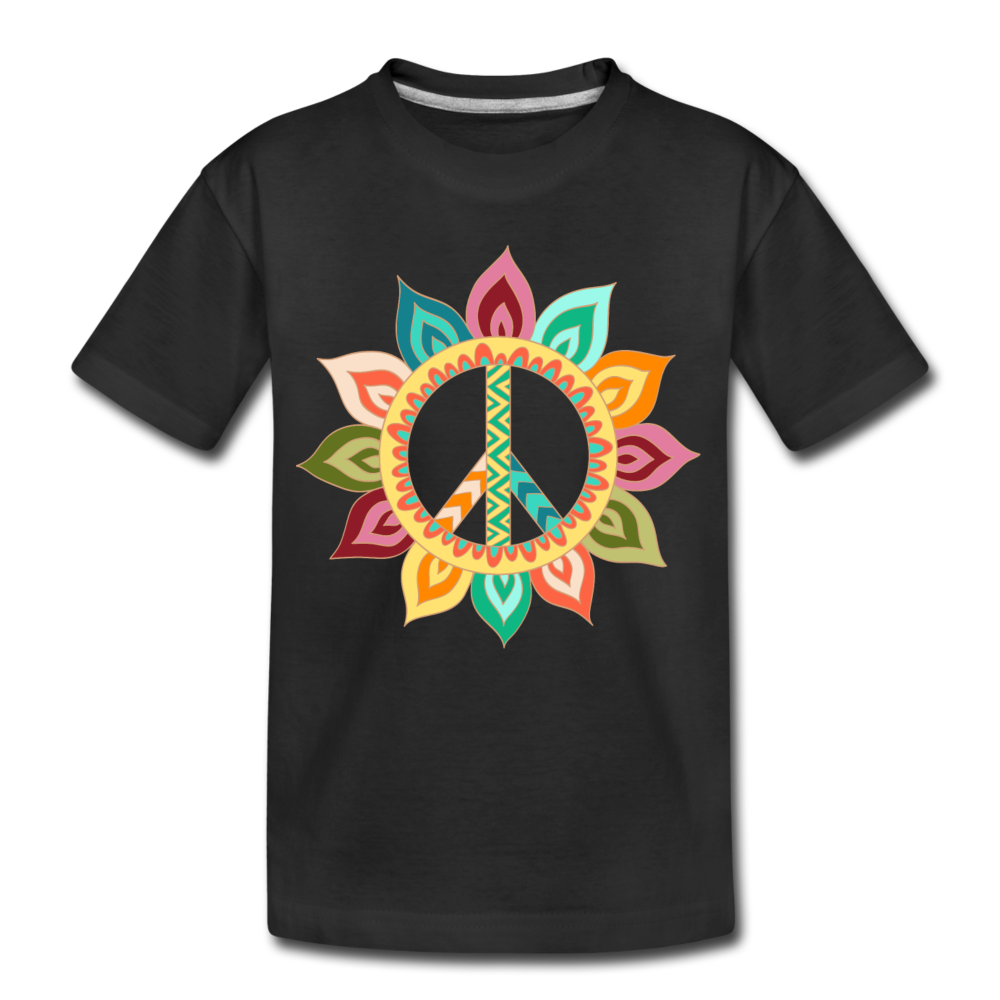 Floral Peace Sign Kids T-Shirt - black