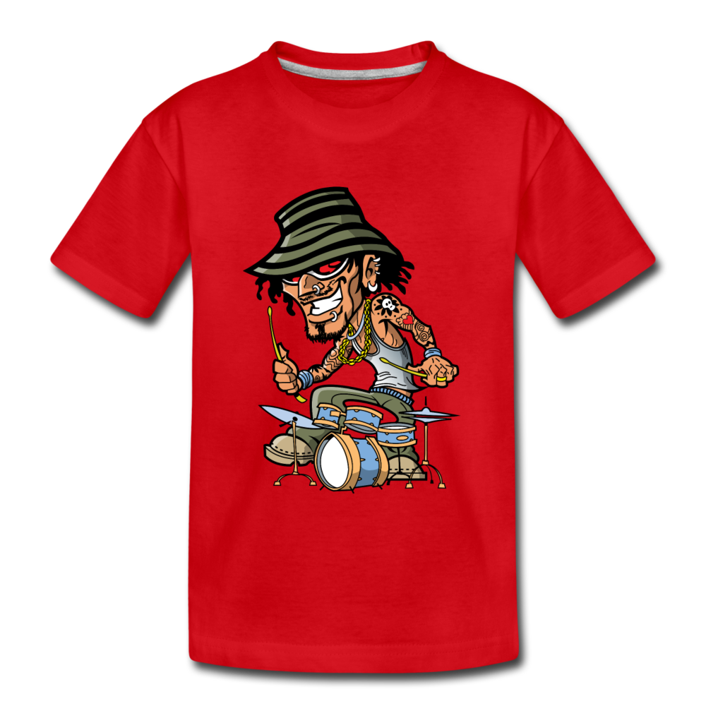 Drummer Cartoon Kids T-Shirt - red