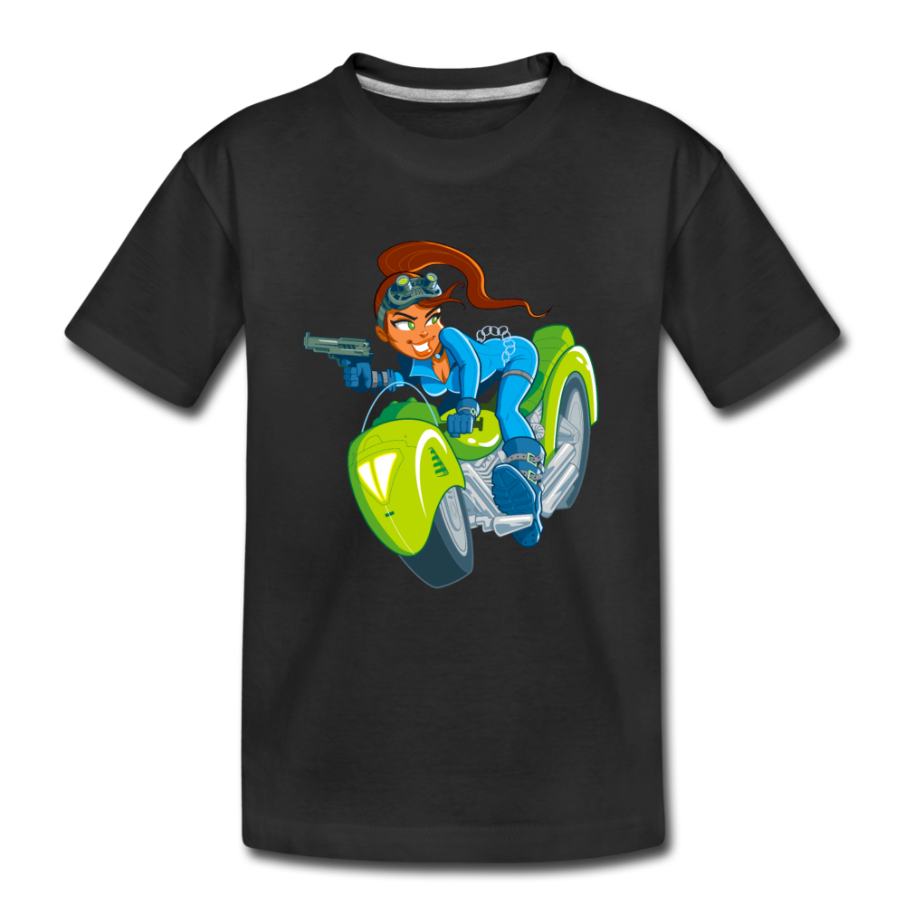 Cartoon Girl Motorcycle Kids T-Shirt - black