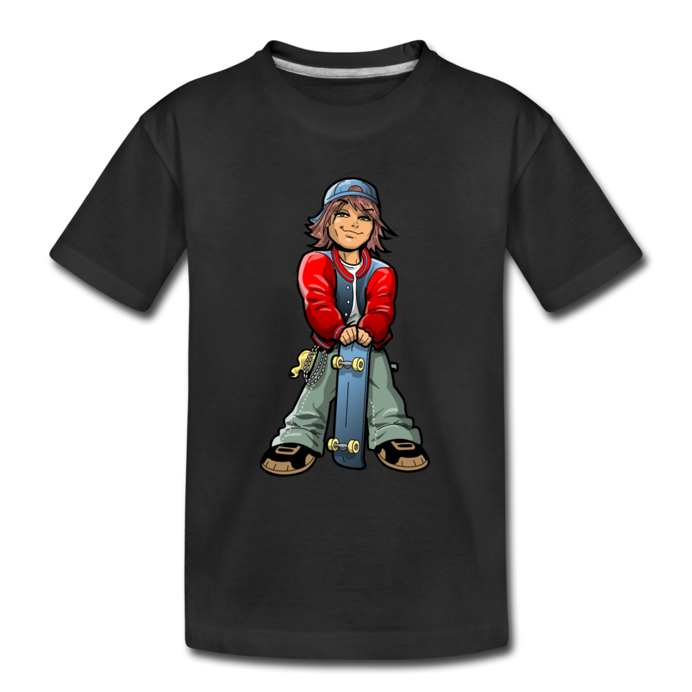 Skater Boy Cartoon Kids T-Shirt - black