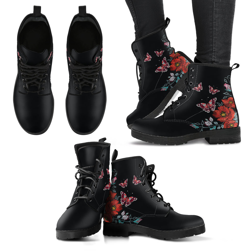 Butterflies & Flowers Womens Boots, Fashion Combat Boots, Vegan Leather Boots, Custom Shoes, Custom Boots, Cool Shoes