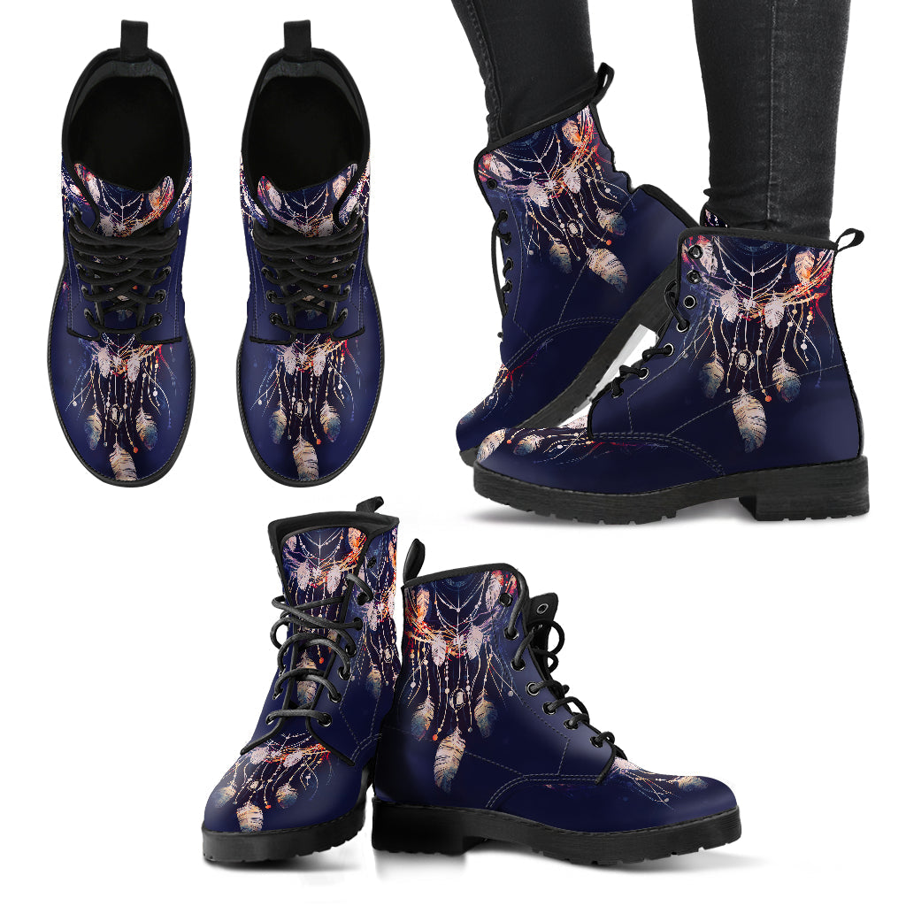 Dark Boho Dream Catcher Womens Boots, Printed Custom Shoes, Women's Boots, Vegan Leather Combat Boots, Classic Boot, Lace Up Boot , Casual Boots Women
