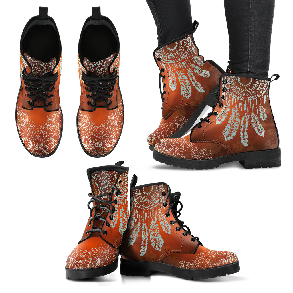 Brown Dream Catcher Mandala Womens Boots, Fashion Combat Boots, Vegan Leather Boots, Custom Shoes, Custom Boots, Cool Shoes