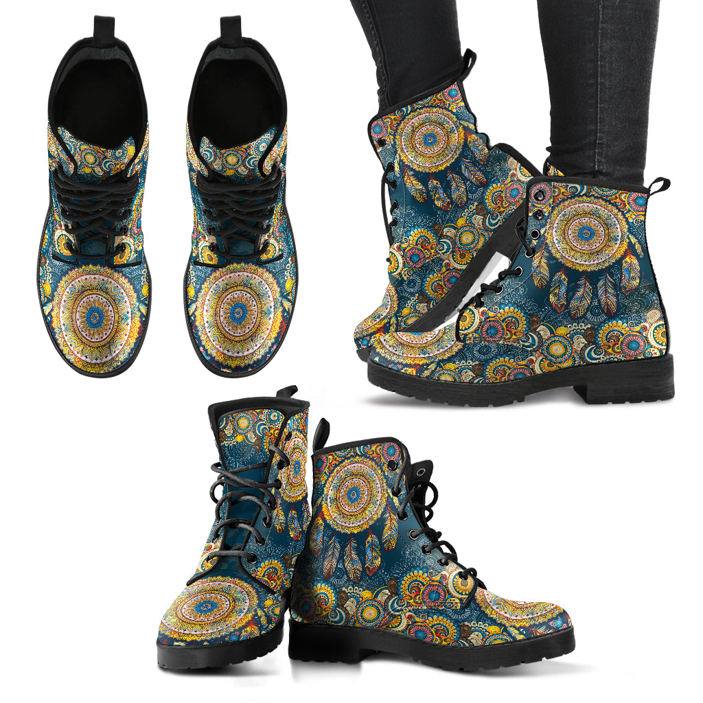 Dreamcatcher Mandala Handcrafted Boots, Womans Combat boots, Boho Hippie Boots