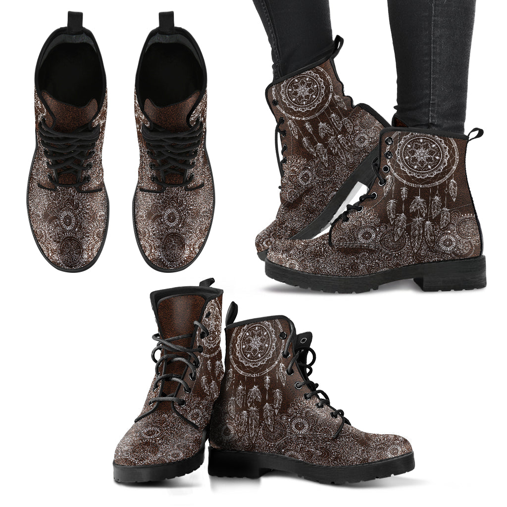 Brown Boho Dream Catcher Mandalas Womens Boots, Fashion Combat Boots, Vegan Leather Boots, Custom Shoes, Custom Boots, Cool Shoes