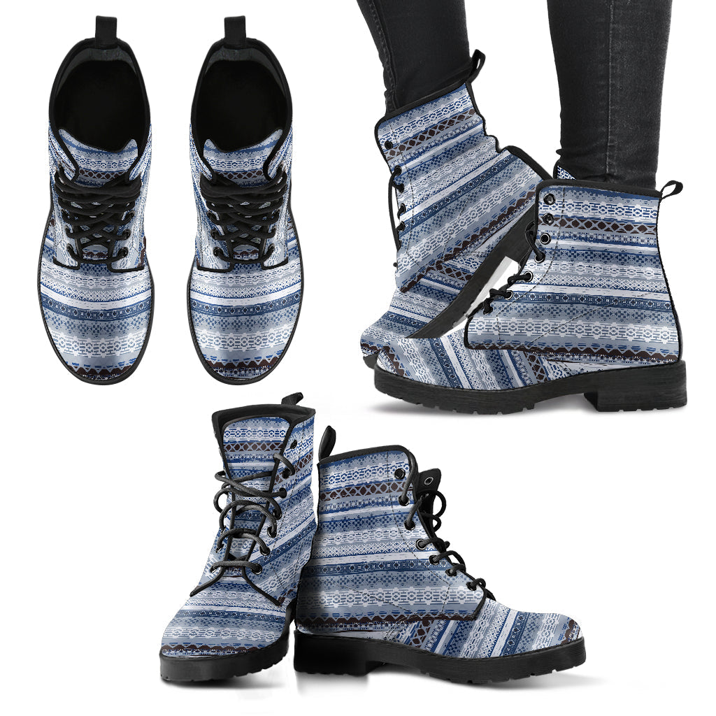 Blue & Grey Boho Stripes Womens Boots, Fashion Combat Boots, Vegan Leather Boots, Custom Shoes, Custom Boots, Cool Shoes
