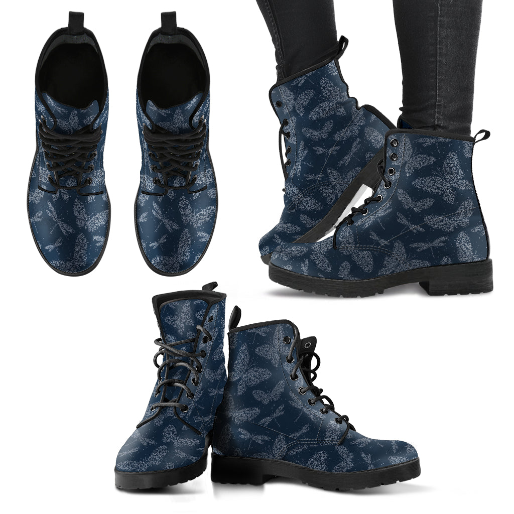 Dark Dragonflies & Butterflies Womens Boots, Printed Custom Shoes, Women's Boots, Vegan Leather Combat Boots, Classic Boot, Lace Up Boot , Casual Boots Women