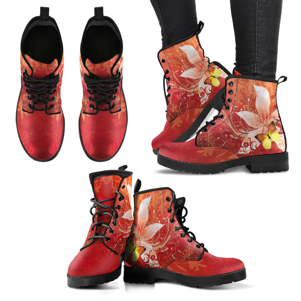 Orange Red Flower Womens Boots