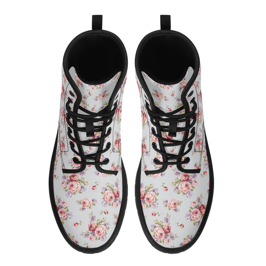 Grey Pink Rose Floral Print Women's Leather Boots