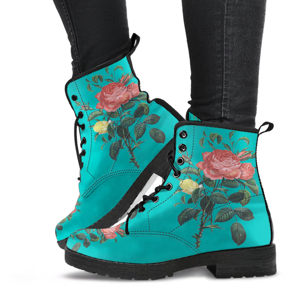 Blue Rose Floral Print Womens, Fashion Combat Boots, Vegan Leather Boots, Custom Shoes, Custom Boots, Cool Shoes