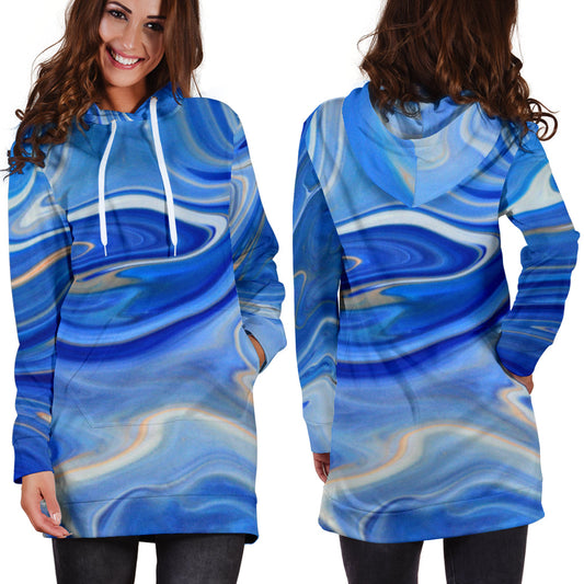 Blue Marble Print Womens Hoodie Dress