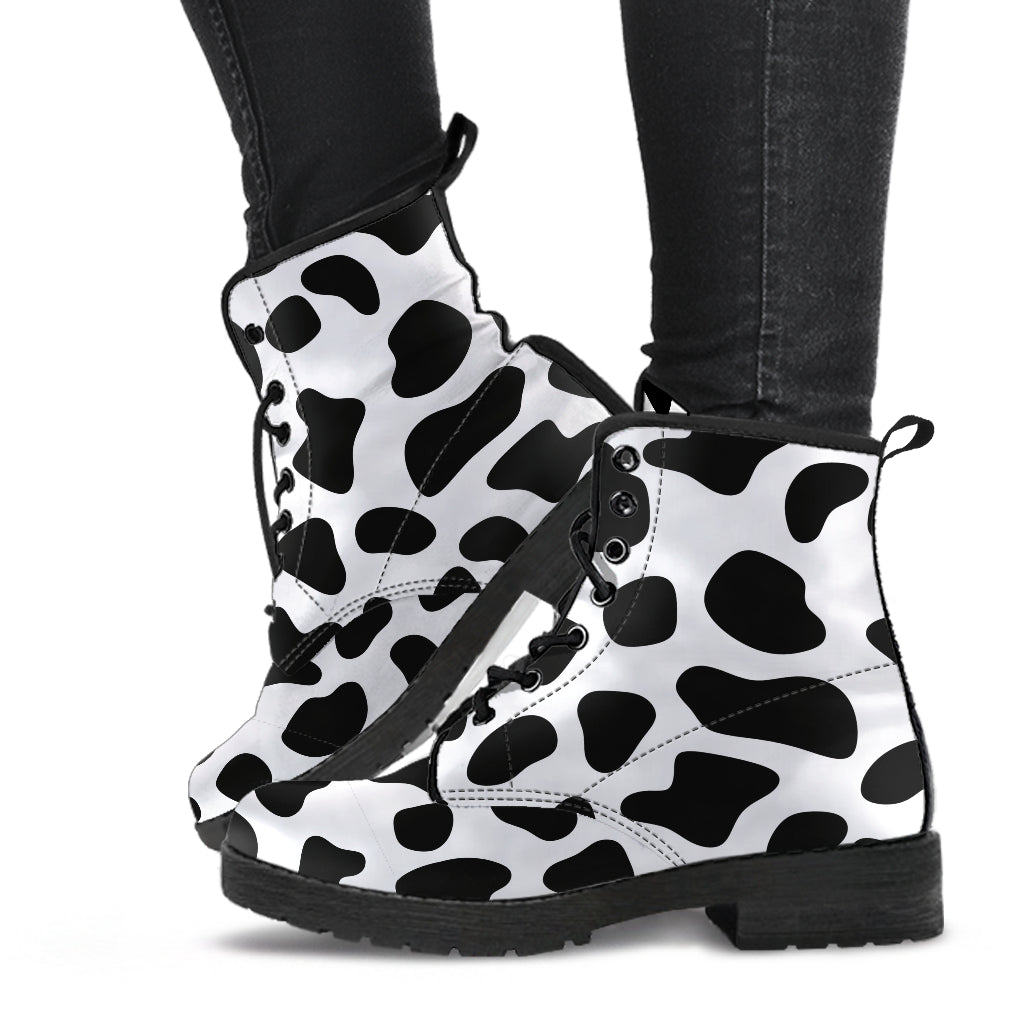 Cow Print Boots, Printed Custom Shoes, Women's Boots, Vegan Leather Combat Boots, Classic Boot, Lace Up Boot , Casual Boots Women