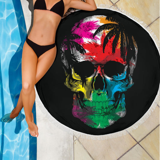 Colorful Tropical Skull Round Beach Blanket