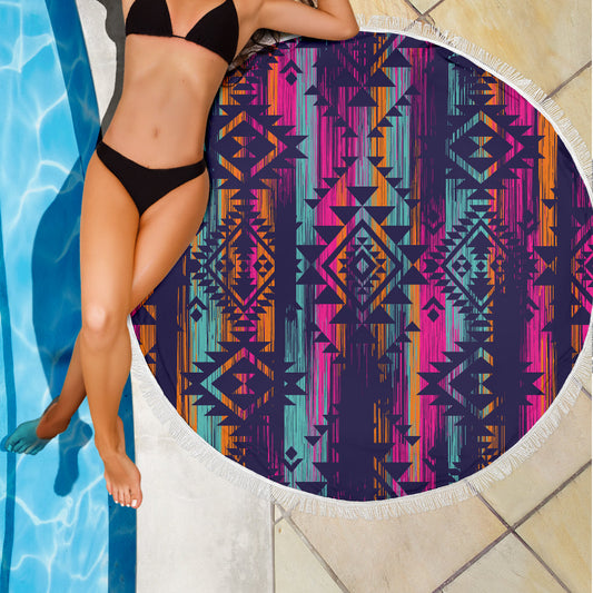 Colorful Boho Aztec Streaks Round Beach Blanket