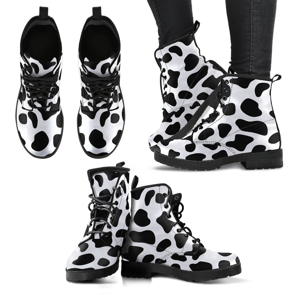 Cow Print Boots, Printed Custom Shoes, Women's Boots, Vegan Leather Combat Boots, Classic Boot, Lace Up Boot , Casual Boots Women