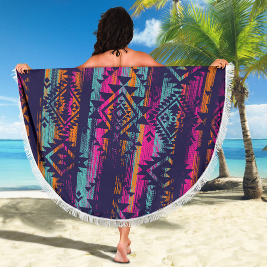Colorful Boho Aztec Streaks Round Beach Blanket