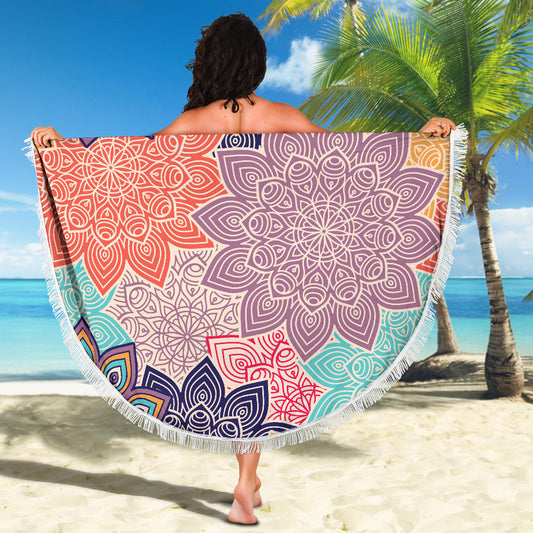 Colorful Floral Mandalas Round Beach Blanket