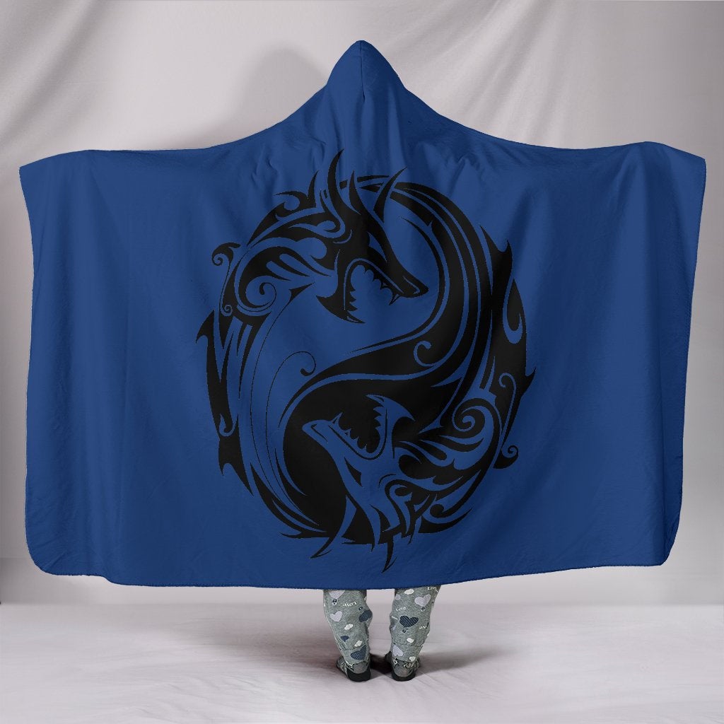 Blue Yin Yang Dragons Hooded Blanket