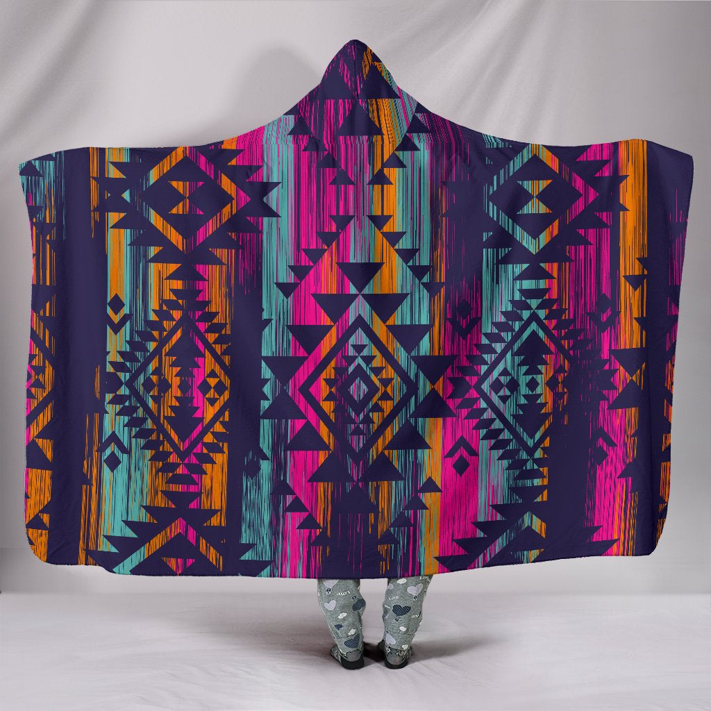 Colorful Boho Aztec Streaks Hooded Blanket