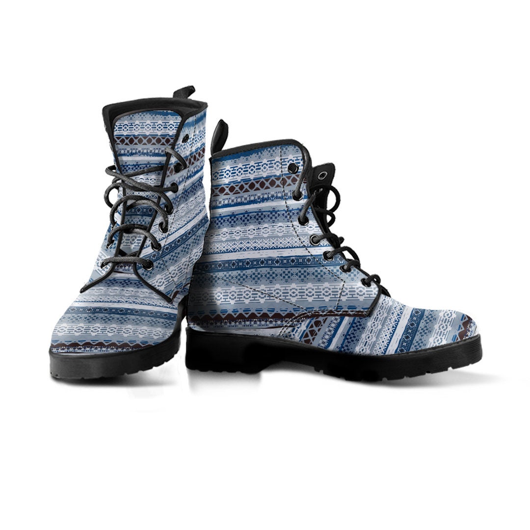 Blue & Grey Boho Stripes Womens Boots, Fashion Combat Boots, Vegan Leather Boots, Custom Shoes, Custom Boots, Cool Shoes