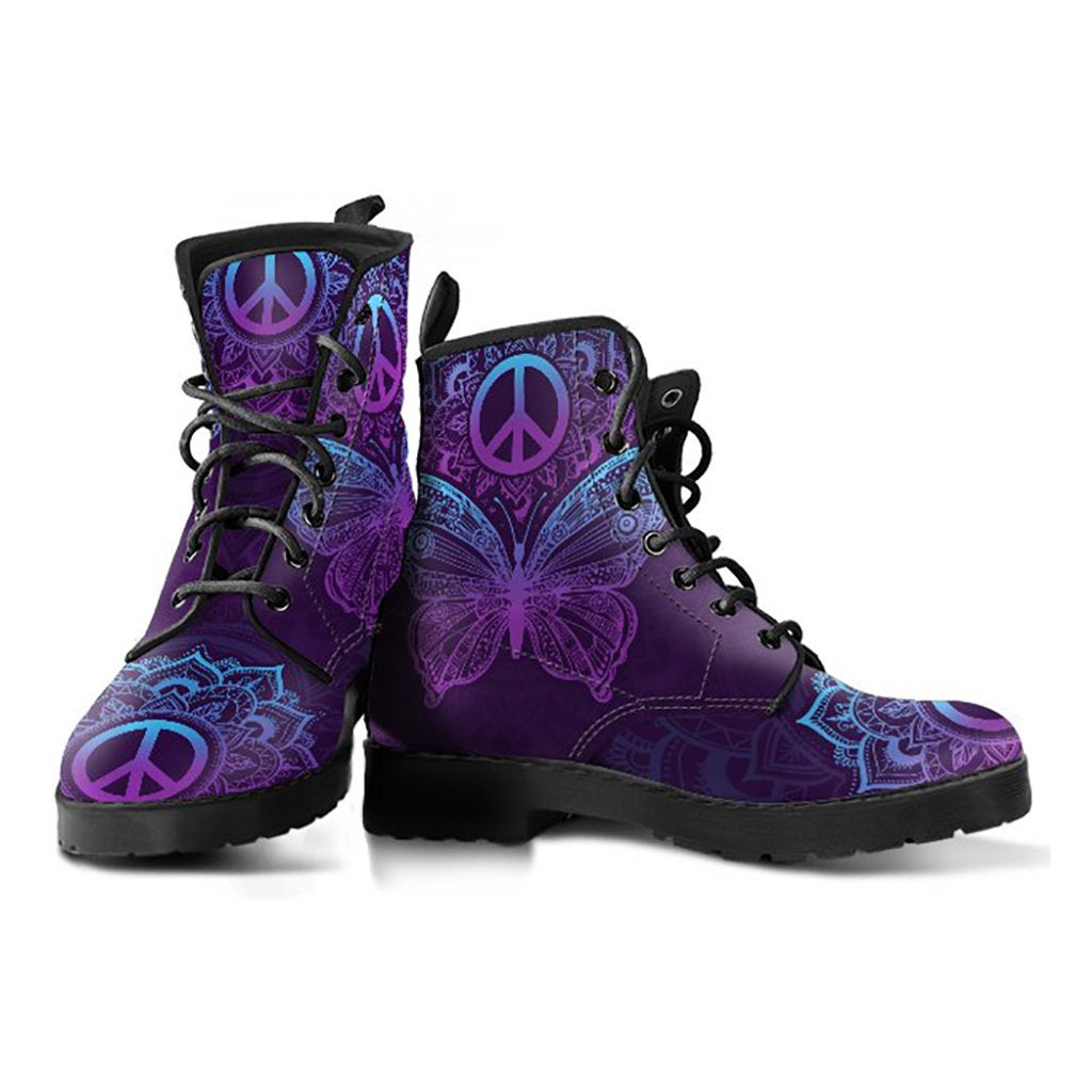 Purple Butterfly Peace Sign Mandala Womens Boots