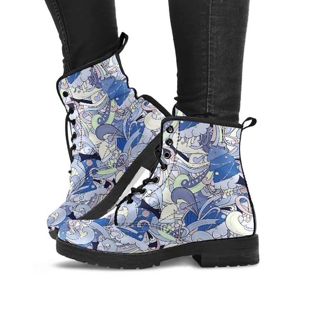 Blue Funky Abstract Womens Boots, Fashion Combat Boots, Vegan Leather Boots, Custom Shoes, Custom Boots, Cool Shoes