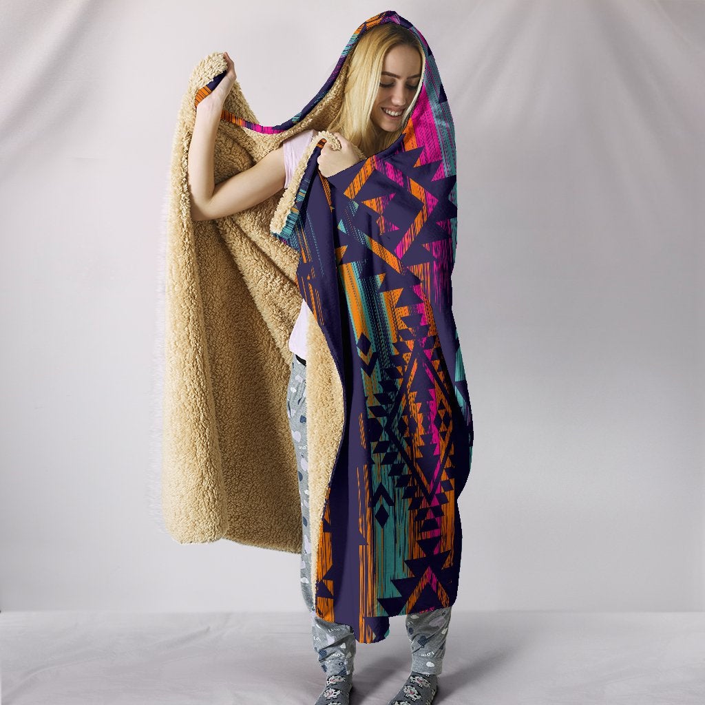 Colorful Boho Aztec Streaks Hooded Blanket