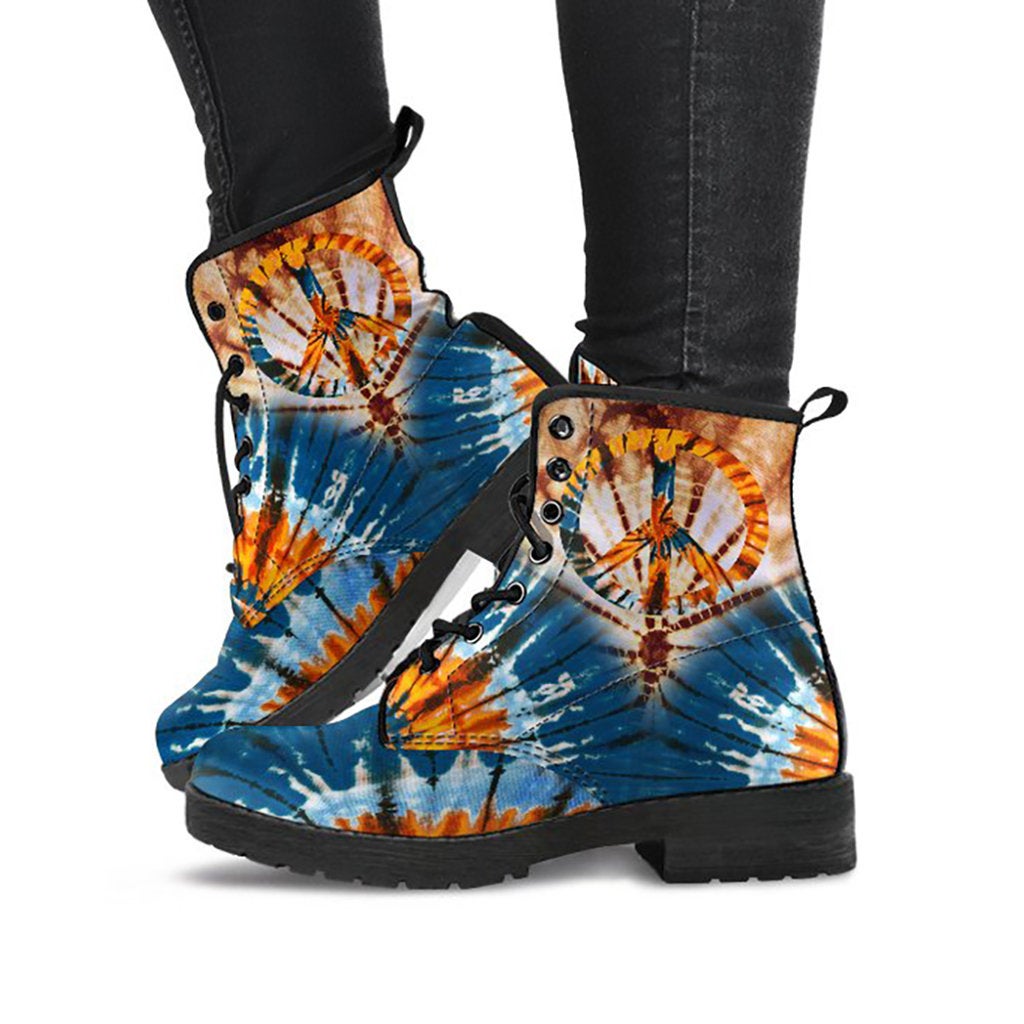 Blue & Orange Tie Dye Peace Sign Womens Boots , Fashion Combat Boots, Vegan Leather Boots, Custom Shoes, Custom Boots, Cool Shoes
