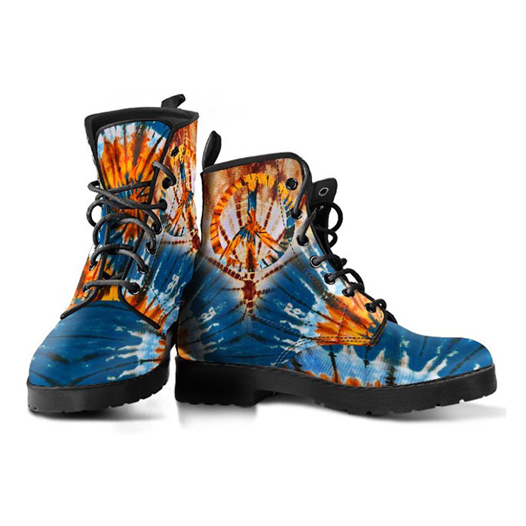Blue & Orange Tie Dye Peace Sign Womens Boots , Fashion Combat Boots, Vegan Leather Boots, Custom Shoes, Custom Boots, Cool Shoes