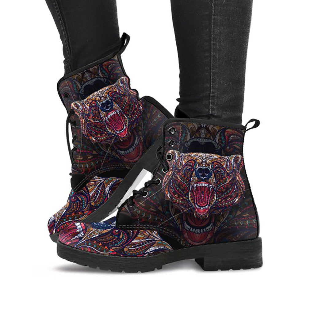 Dark Bear Womens Boots, Printed Custom Shoes, Women's Boots, Vegan Leather Combat Boots, Classic Boot, Lace Up Boot , Casual Boots Women