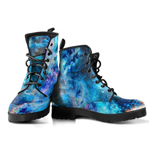 Blue Green Abstract Galaxy Universe Womens Boots, Fashion Combat Boots, Vegan Leather Boots, Custom Shoes, Custom Boots, Cool Shoes