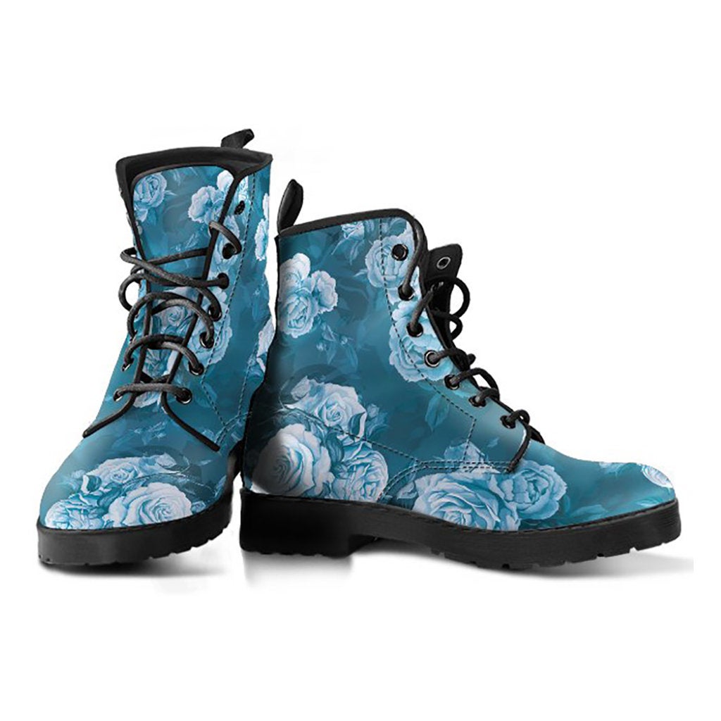 Blue Grey Roses Womens Boots, Fashion Combat Boots, Vegan Leather Boots, Custom Shoes, Custom Boots, Cool Shoes