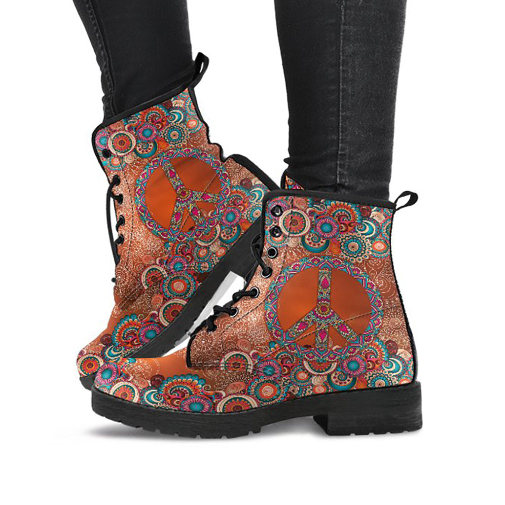 Brown Paisley Peace Sign Decor Womens Boots, Fashion Combat Boots, Vegan Leather Boots, Custom Shoes, Custom Boots, Cool Shoes
