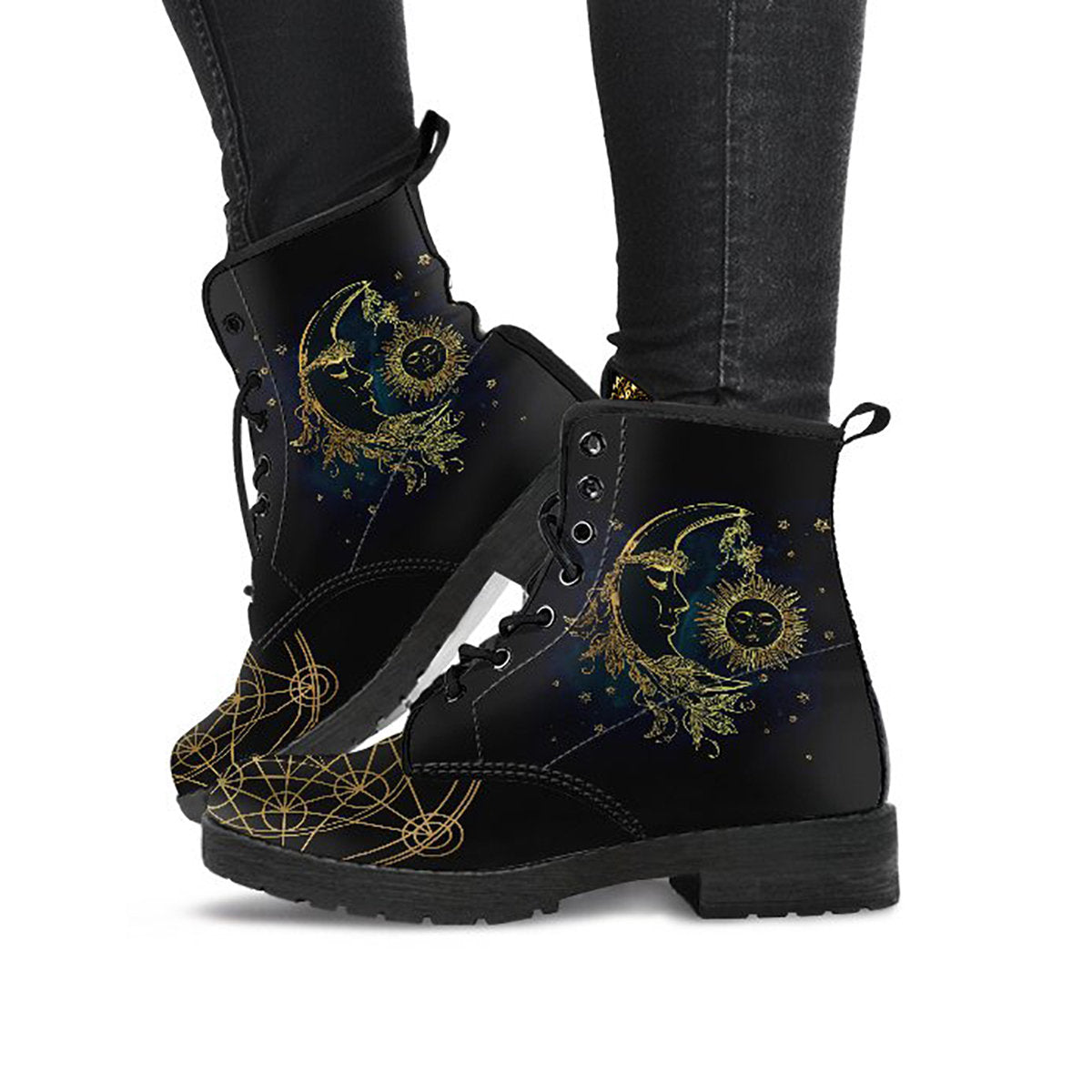 Black Gold Sun & Moon Womens Boots Fashion Combat Boots, Vegan Leather Boots, Custom Shoes, Custom Boots, Cool Shoes