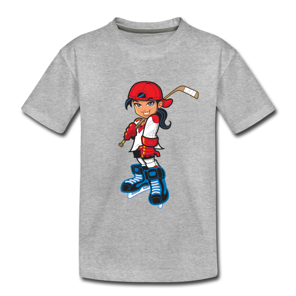 Hockey Girl Cartoon Kids T-Shirt - heather gray