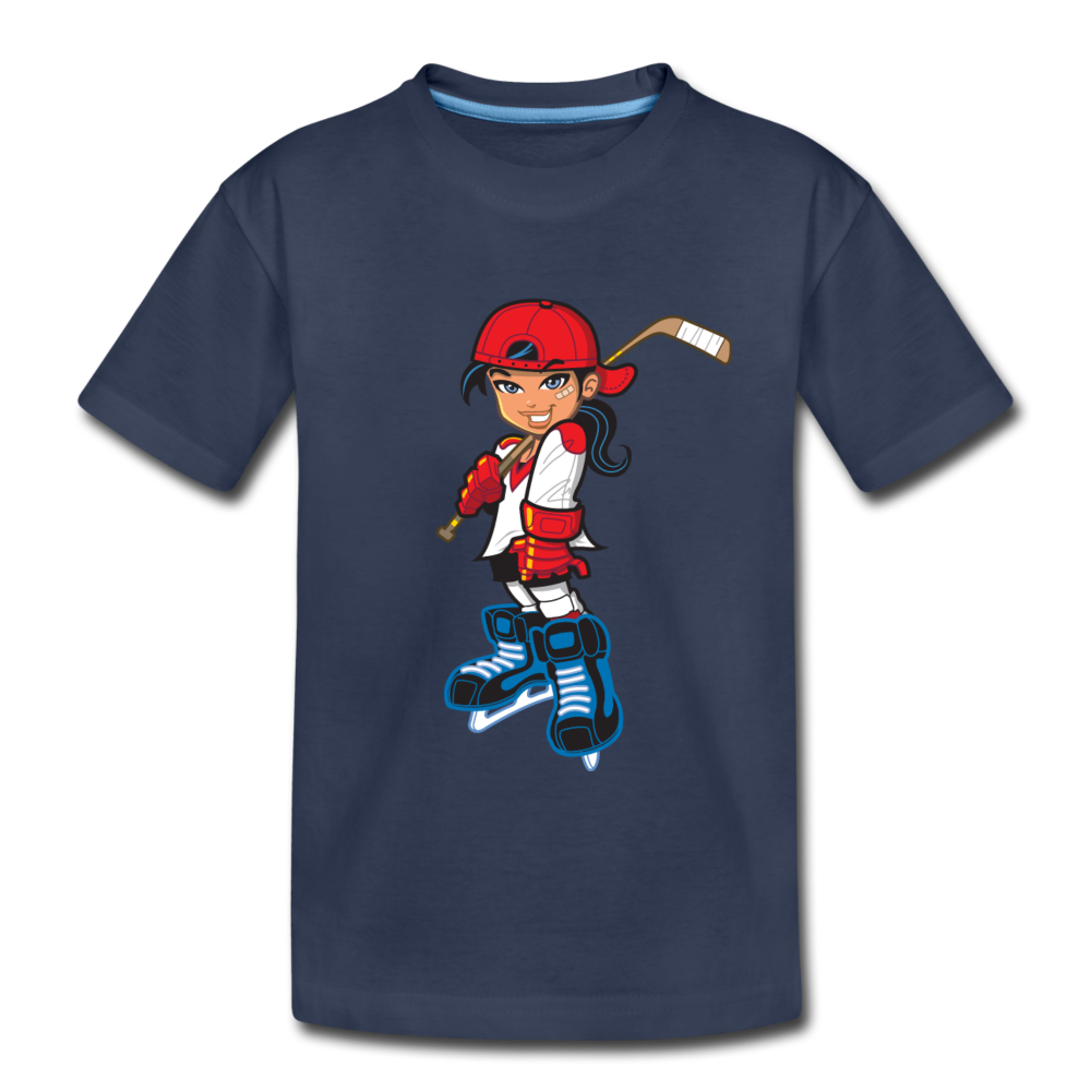 Hockey Girl Cartoon Kids T-Shirt - navy