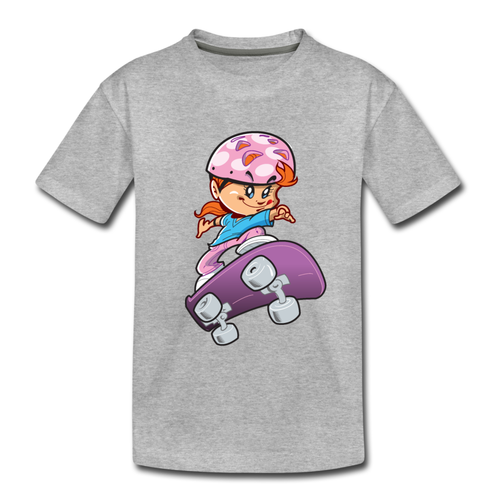 Skater Girl Cartoon Kids T-Shirt - heather gray
