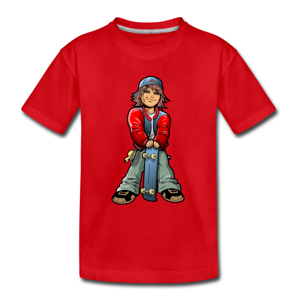 Skater Boy Cartoon Kids T-Shirt - red