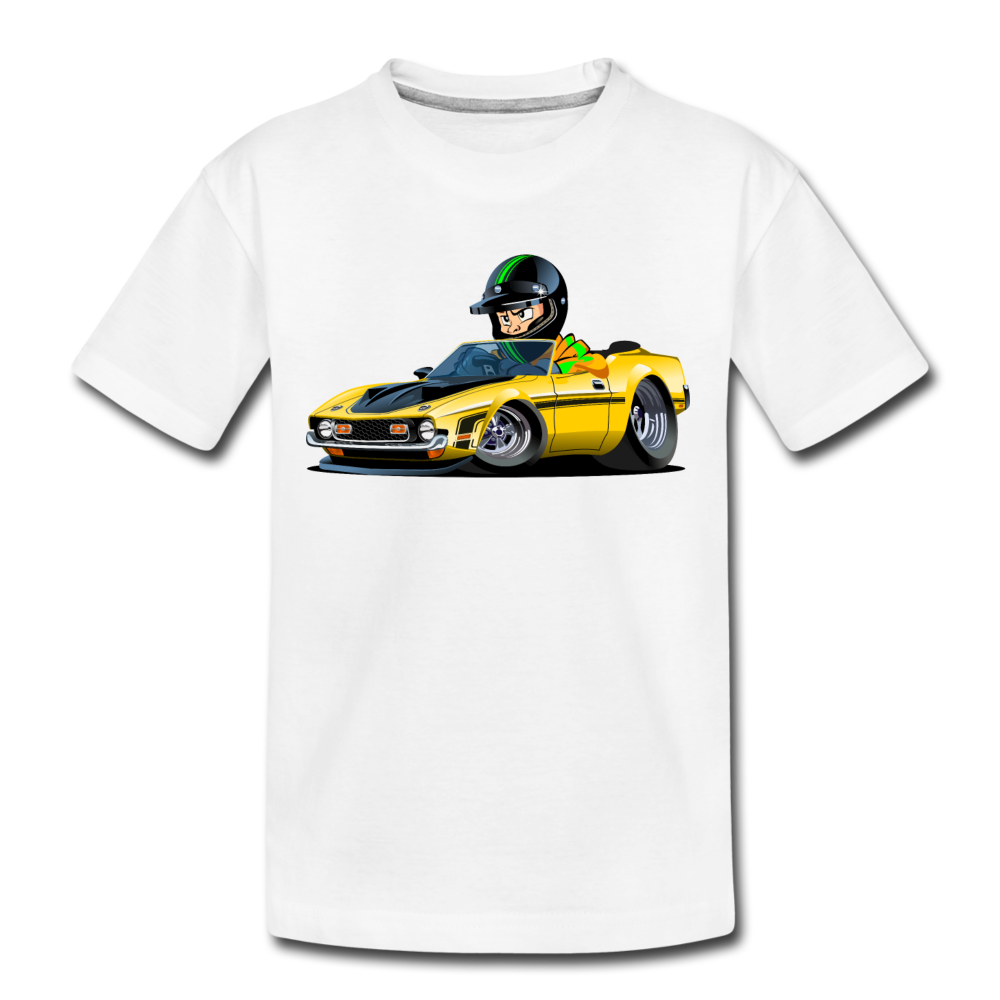 Yellow Sports Car Cartoon Kids T-Shirt - white